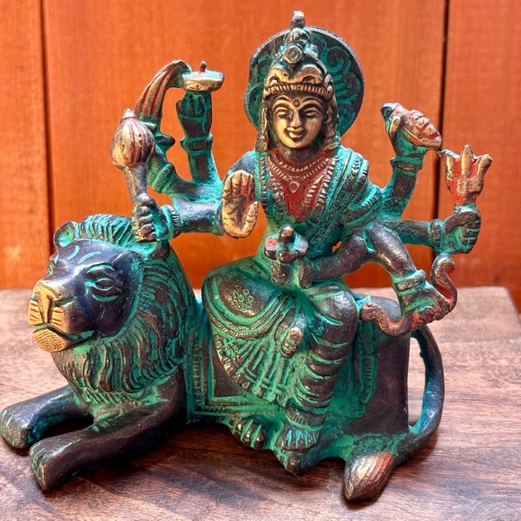 4” Brass Durga Goddess Statue on Lion Hindu Deity Sculpture Yoga Meditation - Picture 1 of 9